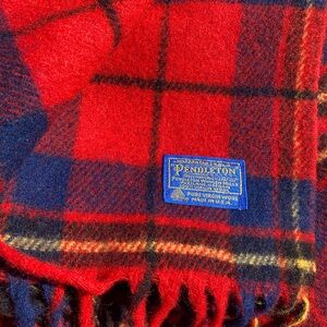 Vintage Pendleton Red / Navy Plaid Pure Virgin Wool Throw Blanket  Made in U.S.A